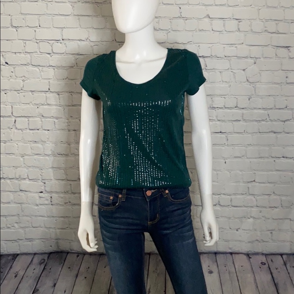 Loft Sequined Hunter Green Tee Shirt Small